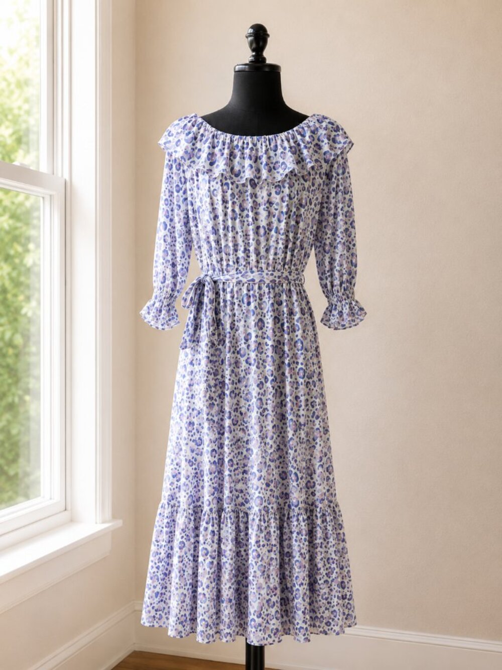 Aspiga Cheetah Cream Blue Print Off-Shoulder Ruffle Tiered Midi Dress Size S